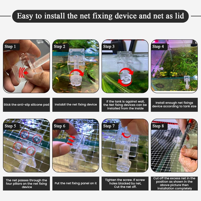 NestBasics DIY Aquarium Hood 8pcs Aquarium Fish Tank Hood Screen Cover net Clip Holder and 2.15 Feet X 1.73 Feet Aquarium lid top net Kits Suitable for Rimless and rimed Tank - Image 2